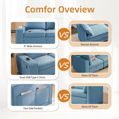 Waxberry 71" Chenille Loveseat Sofa Couch for Living Room with Seat Storage, Modern 2-Seater Deep Seat Sofa with Side Pockets & Type-C/USB Ports, Detachable Backrest for Office, Apartment (Blue)