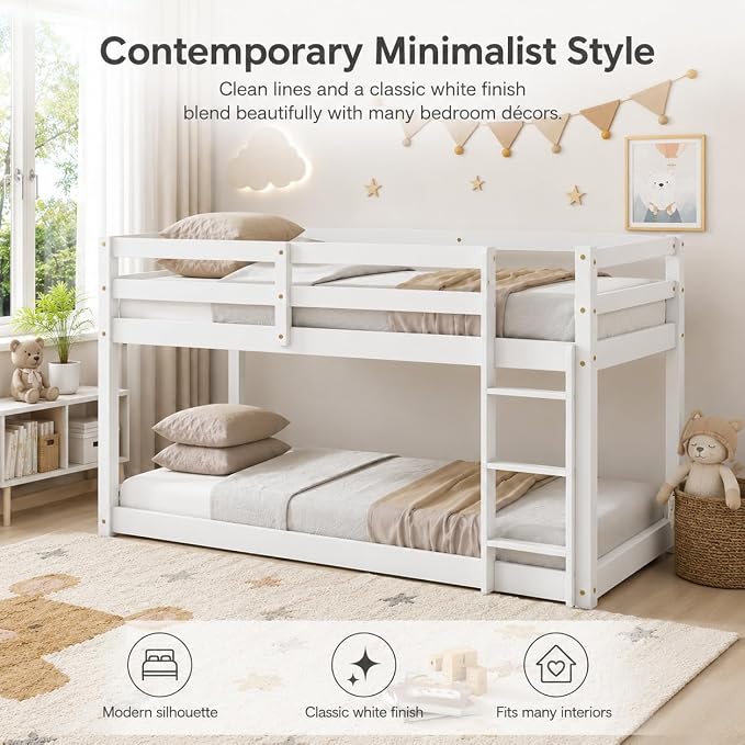 Twin Over Twin Bunk Bed, Low Profile Wooden Frame for Kids Bedroom, Floor Bunk with Ladder and Guardrails, Rubber Wood Construction, 13 Plywood Slats, No Box Spring Needed (White)