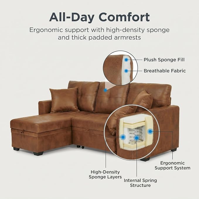 TYBOATLE Convertible Sofa Bed Couch with Reversible Storage Chaise, 71" L Shaped Pull Out Couch Bed, Comfy Linen Fabric Sleeper Sofa for Living Room, Apartment & Guest Room (Brown)