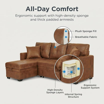 TYBOATLE Convertible Sofa Bed Couch with Reversible Storage Chaise, 71" L Shaped Pull Out Couch Bed, Comfy Linen Fabric Sleeper Sofa for Living Room, Apartment & Guest Room (Brown)
