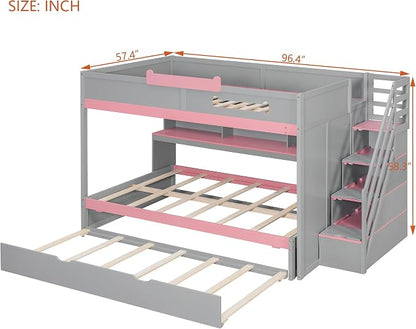 Wood Bunk Bed Full Over Full Size with Storage Staircase and Shelves, Bunk Beds Frame with Trundle and LED for Kids Teens, Space-Saving (Gray-12.15)
