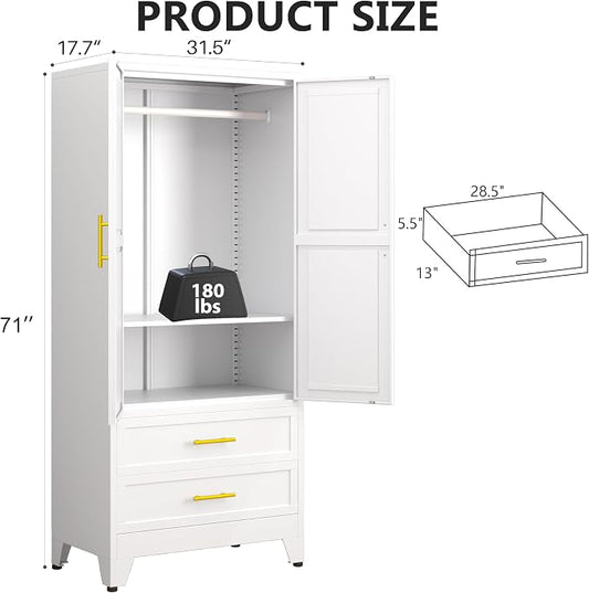 Metal Armoire Wardrobe Closet Storage Cabinet with 2 Doors White, 71'' Wardrobe Cabinet with Hanging Rod Metal Closet with Adjustable Shelf and 2 Drawers for Bedroom, Laundry Room, Cloak Room