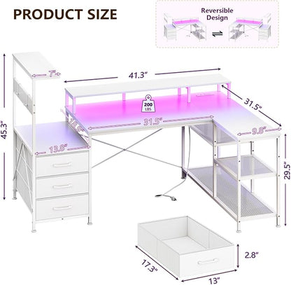 YOMILUVE White Gaming Desk with Drawers & Storage Shelves, L-Shaped Gaming Desk with Power Outlets & LED Light, Reversible Computer Desk with Monitor Stand & Hooks for Home Office