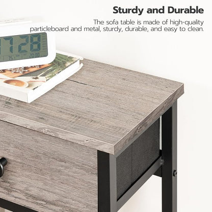 HOOBRO 29.5" Narrow Console Table with 2 Fabric Drawers, Small Entryway Table with 2-Tier Storage Shelves, Sofa Table, Behind Couch Table, for Living Room, Hallway, Greige and Black BG71XG01