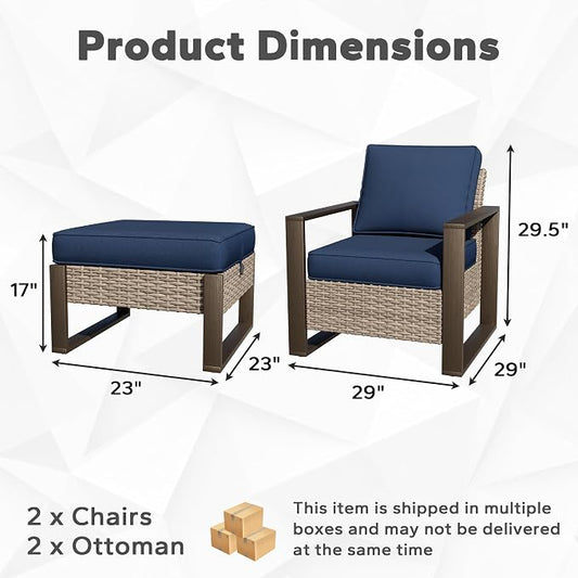 Joyside Outdoor Patio Chairs, 4 Pieces Wicker Rattan Furniture Set, 2 Patio Chairs and 2 Ottoman, Metal Wide Armrest, Thick Cushions and Deep Seating for Garden, Backyard, Porch, Deck