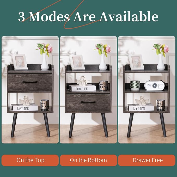 Yoobure Night Stand with Fabric Drawer, Modern Nightstand, Bedside Tables, Mid Century Nightstands with Open Storage Shelf, Wood Bedside Table, Small Night Stands for Bedrooms, 2-Tier Night Table