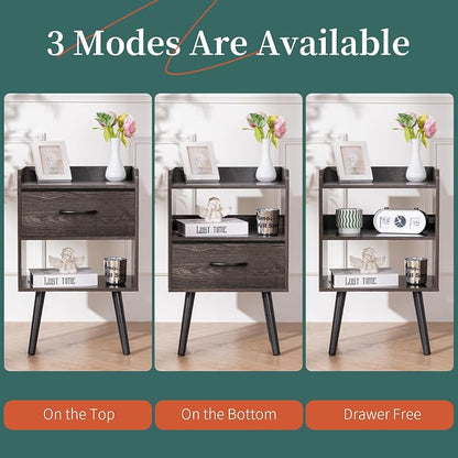 Yoobure Night Stand with Fabric Drawer, Modern Nightstand, Bedside Tables, Mid Century Nightstands with Open Storage Shelf, Wood Bedside Table, Small Night Stands for Bedrooms, 2-Tier Night Table