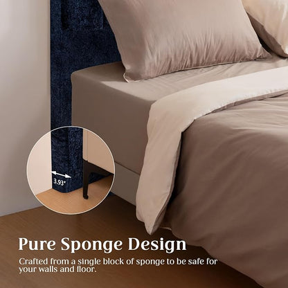 King Headboard Only - Blue Velvet Upholstered Headboard for Bed, No Assembly Required, Pure Sponge Design, Comfort Head Board, Place Between Bed & Wall, Vertical Stripe with Stepped Crown Top Edge