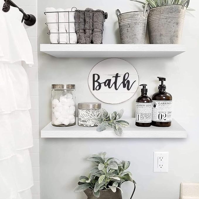 QEEIG Floating Shelves for Wall 23.6" Long - Wall Mounted Shelf Bathroom Kitchen Living Room Bedroom Farmhouse Home Decor Display Bookshelf Large 23.6 x 9.3 inch Set of 2, White (008-60W)