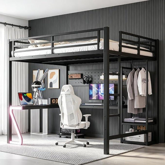 Bellemave Queen Size Loft Bed with Desk and USB Ports, Computer Tray, Peg Board LED, Metal Full Loft Bed Frame for Adults, Kids, Teens, Black