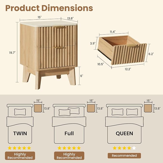 Fluted Nightstand Set of 2,Modern End Table with Faux Marble Top,2 Storage Drawers Side Table,Bedside Table for Bedroom, Living Room,Curved Profile Design Furniture,Natural Oak