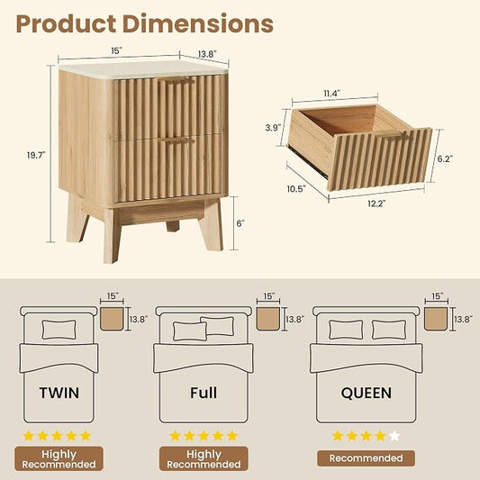 Fluted Nightstand Set of 2,Modern End Table with Faux Marble Top,2 Storage Drawers Side Table,Bedside Table for Bedroom, Living Room,Curved Profile Design Furniture,Natural Oak