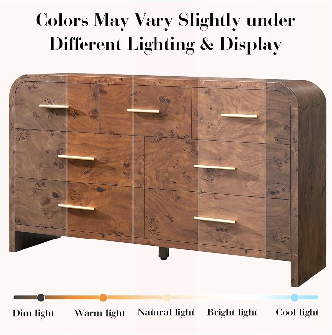 Curved 7 Drawer Dresser for Bedroom, 53.82'' Wide Chest of Drawers, Modern Storage Cabinet for Hallway & Living Room TV Stand, FSC Certified 1.18" Thick Board, 100 lbs Top Weight, Dark Burl