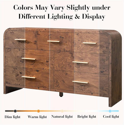 Curved 7 Drawer Dresser for Bedroom, 53.82'' Wide Chest of Drawers, Modern Storage Cabinet for Hallway & Living Room TV Stand, FSC Certified 1.18" Thick Board, 100 lbs Top Weight, Dark Burl