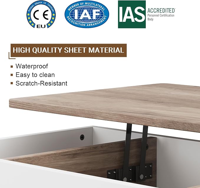 Shintenchi Coffee Table, Lift Top Coffee Table with Hidden Compartment, Rising Tabletop Dining Table, Lift Top Coffee Center Table for for Living Room, Office, Home (Ivory)
