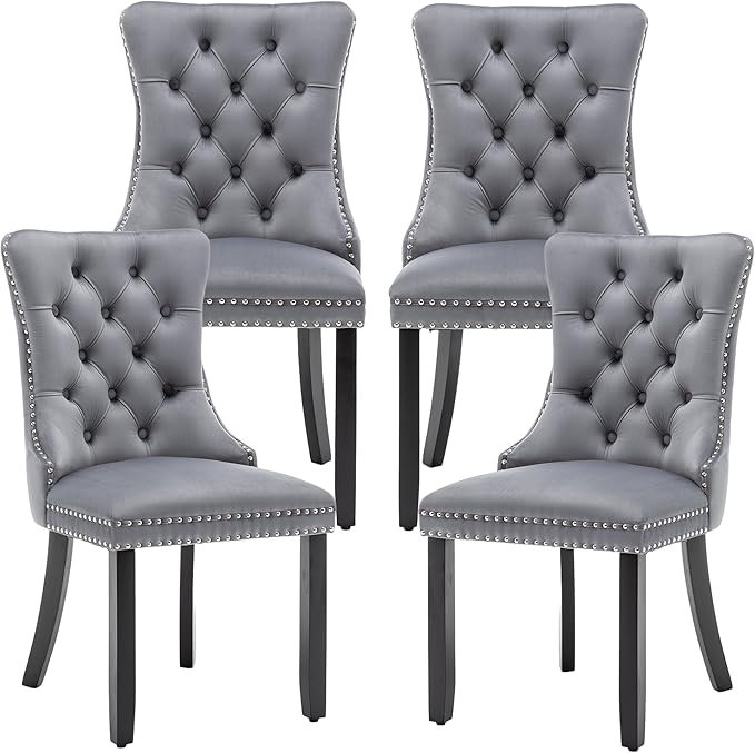Mid Century Modern Dining Chair Set of 4 Velvet Upholstered Dining Accent Chair Farmhouse Dining Chairs with High Back and Nailhead Trim for Kitchen, Living Room, Bedroom (Gray)