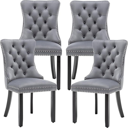 Mid Century Modern Dining Chair Set of 4 Velvet Upholstered Dining Accent Chair Farmhouse Dining Chairs with High Back and Nailhead Trim for Kitchen, Living Room, Bedroom (Gray)
