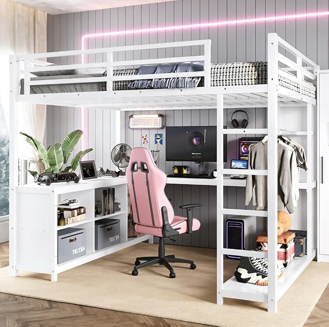 Bellemave Full Size loft Bed with L Desk, Wardrobe, Metal Full Loft Bed Frame for Adults, Kids, Teens, White