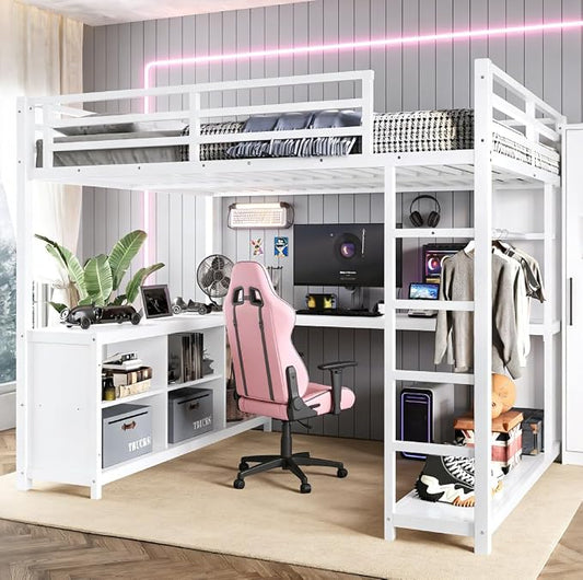 Bellemave Full Size loft Bed with L Desk, Wardrobe, Metal Full Loft Bed Frame for Adults, Kids, Teens, White