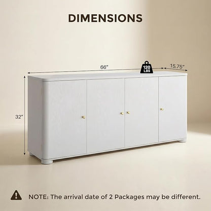 IFGET Curved Buffet Cabinet with Doors, 66" Large Sideboard Buffet Storage Cabinet with 4 Doors and Shleves, Modern Coffee Bar Station Wood Kitchen Table for Kitchen, Dining Room, White