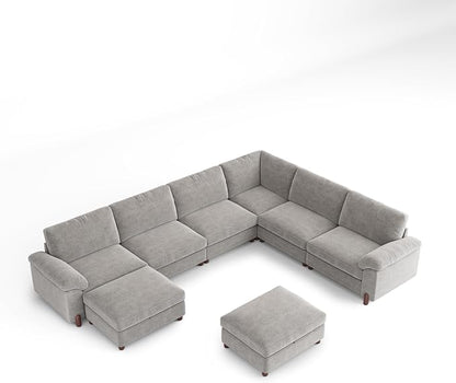 SITJOY Large Cloud Couch, 138" Wide 6 Seater V Shape, Light Gray Chenille | Detachable and Washable Chenille Cover Sectional Sofas for Living Room, Deep Seat Wide Couch with Chaise, Storage Ottoman