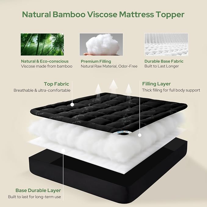 BEDLORE Twin Mattress Topper Viscose Derived from Bamboo, Thick Pillow Top Mattress Pad with Stretchable Pockets for 6"-15" Mattress, Soft Breathable Mattress Topper for Back Pain Relief(Black)