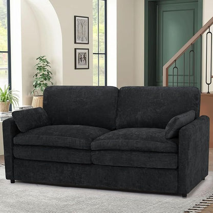69” Chenille Love seat Sofa w/Arm Pillows, Upholstered 2 Seater Sofa w/Comfortable Back Cushions, Modern 2 Seats Couch w/High-Density Foam for Living Room, Apartment, Office, Black