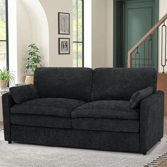 69” Chenille Love seat Sofa w/Arm Pillows, Upholstered 2 Seater Sofa w/Comfortable Back Cushions, Modern 2 Seats Couch w/High-Density Foam for Living Room, Apartment, Office, Black