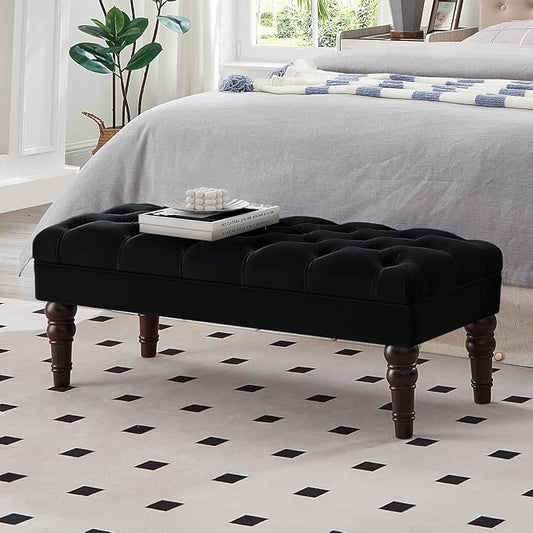 24KF Velvet Upholstered Buttons Tufted Entryway Bench with Solid Wood Leg,Bed Bench Ottoman with Padded Seat,5061N-Black