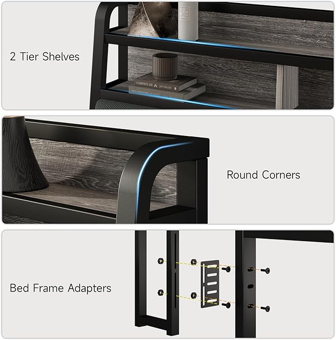 Queen Headboard Only with Storage, Upholstered Headboards for Queen Size Bed with LED Light, Charging Station, Height Adjustable, Sturdy and Stable Headboard, Black & Grey