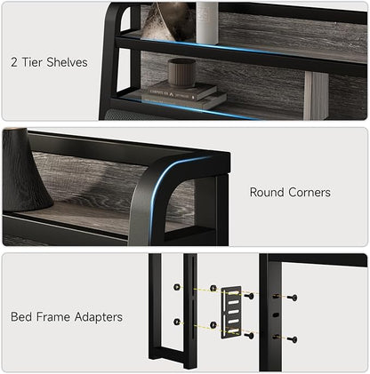 Queen Headboard Only with Storage, Upholstered Headboards for Queen Size Bed with LED Light, Charging Station, Height Adjustable, Sturdy and Stable Headboard, Black & Grey