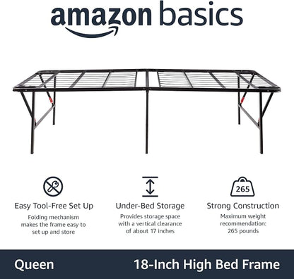 Amazon Basics Foldable Metal Platform Bed Frame with Storage, Sturdy Steel, No Box Spring Needed, 18 Inches High, Tool-Free Easy Assembly, Noise-Free, Queen Size, Black