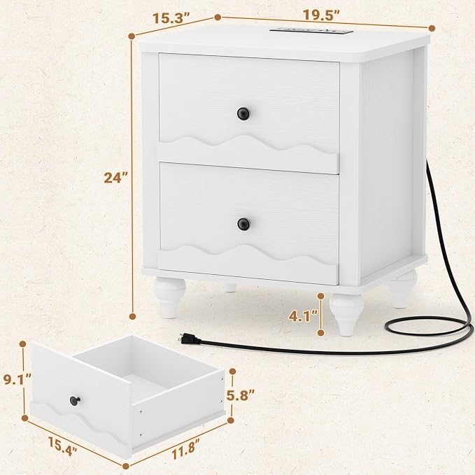 Cyclysio White Nightstand with Charging Station Set of 2, Scalloped Bedside Table with 2 Smooth Drawers, Modern End Table with Solid Wood Legs for Bedroom and Small Spaces