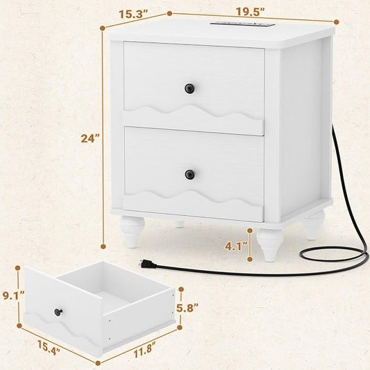 Cyclysio White Nightstand with Charging Station Set of 2, Scalloped Bedside Table with 2 Smooth Drawers, Modern End Table with Solid Wood Legs for Bedroom and Small Spaces