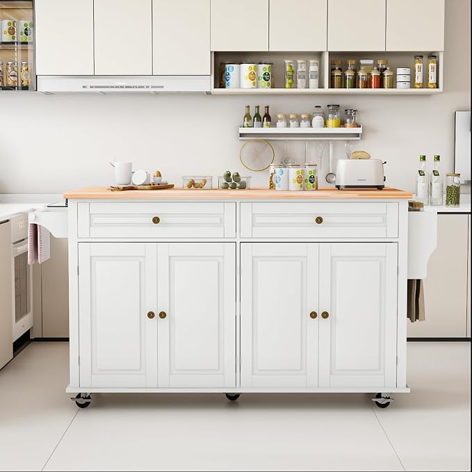 67 Kitchen Island Cart with Drop Leaf Breakfast Bar, Rolling Mobile Kitchen Island Table on Wheels with Storage Cabinet, Drawer, Spice/Towel Rack, White