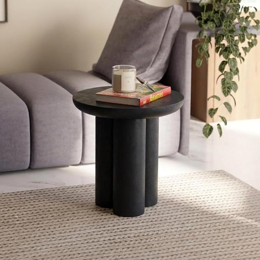 Relso Gaia Round End Table for Living Room and Bedroom, Solid Mango Wood Side Table or Nightstand, Black Finish, Compact Rustic Design, Boho Modern Farmhouse Style