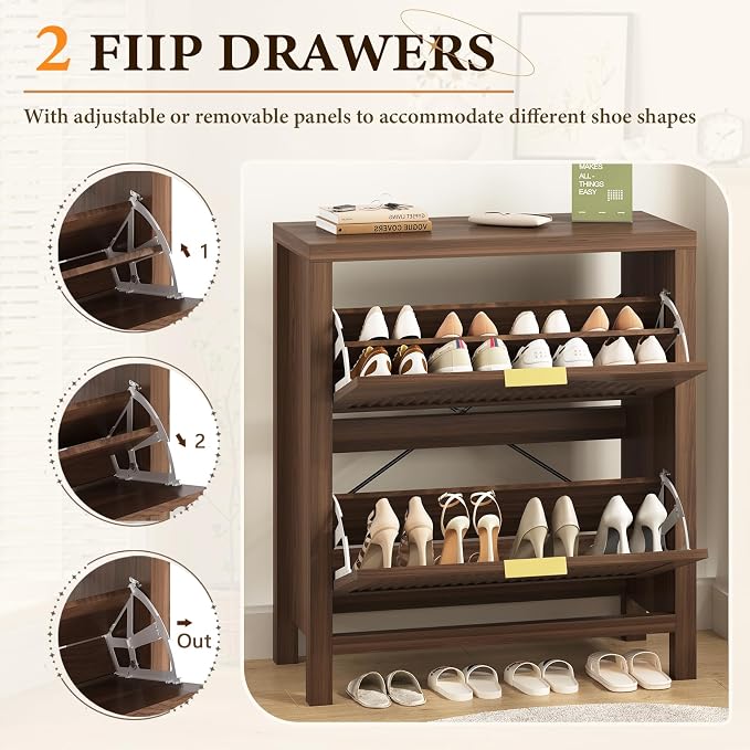 YOMILUVE Shoe Storage Cabinet for Entryway, Fluted Shoe Cabinet with 2 Flip Drawers, Hidden Shoe Rack Slim Freestanding Shoe Organizer with Legs for Hallway, Walnut