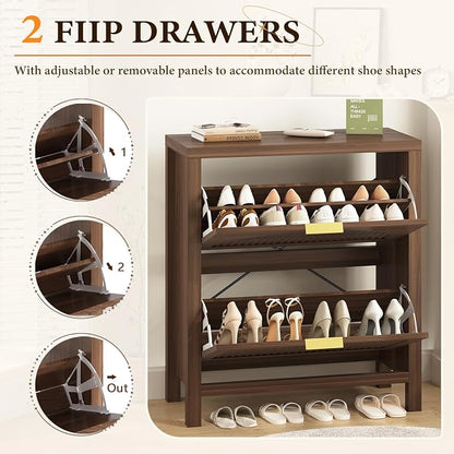 YOMILUVE Shoe Storage Cabinet for Entryway, Fluted Shoe Cabinet with 2 Flip Drawers, Hidden Shoe Rack Slim Freestanding Shoe Organizer with Legs for Hallway, Walnut