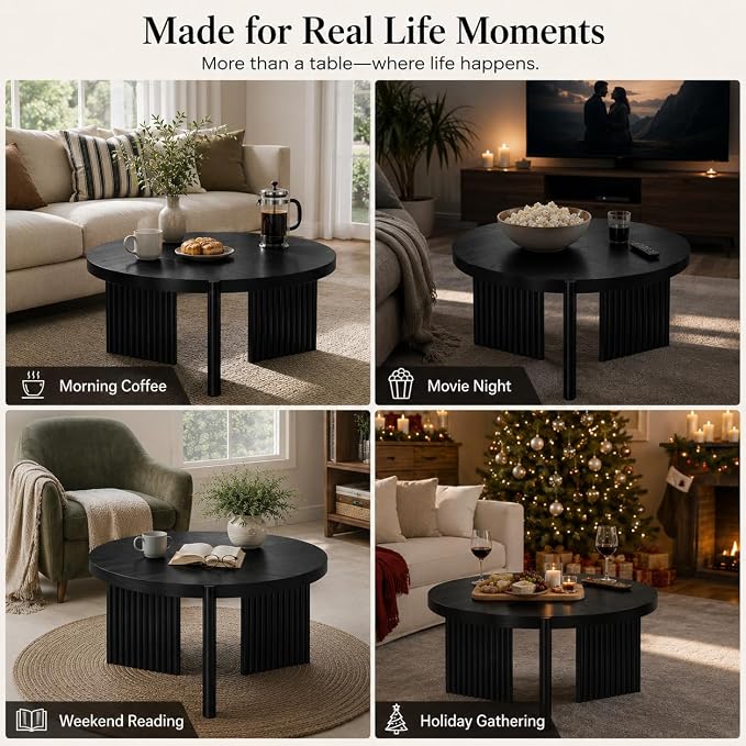 Luoxiao Round Coffee Table, 27.5" Fluted Coffee Tables for Living Room | Small Wood Accent Table for Apartment, Ribbed Base, Sturdy Construction, Easy Assembly, Non-Slip Foot Pads, Modern, Black