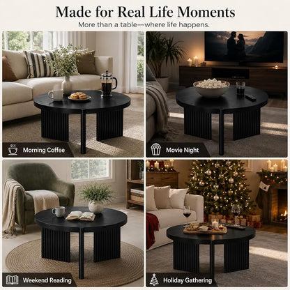 Luoxiao Round Coffee Table, 27.5" Fluted Coffee Tables for Living Room | Small Wood Accent Table for Apartment, Ribbed Base, Sturdy Construction, Easy Assembly, Non-Slip Foot Pads, Modern, Black