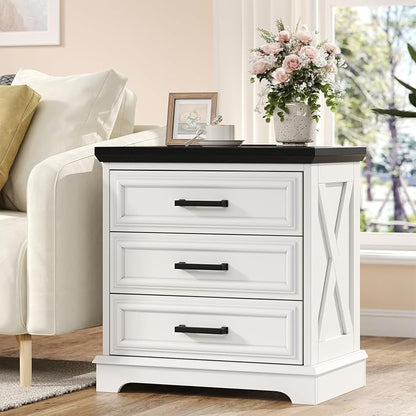 knoworld 24 Inch Wide Farmhouse Nightstands with Charging Station, White Nightstand with 3 Large Drawers, Rustic Wood End Table for Bedroom