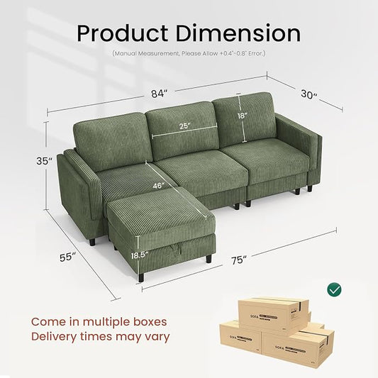 KKL Modular Sectional Sofa Bed with Storage Ottoman, Convertible L/U-Shaped Sleeper Couch for Living Room, Modern Reversible Design (Green, 4 Seat L Shape)