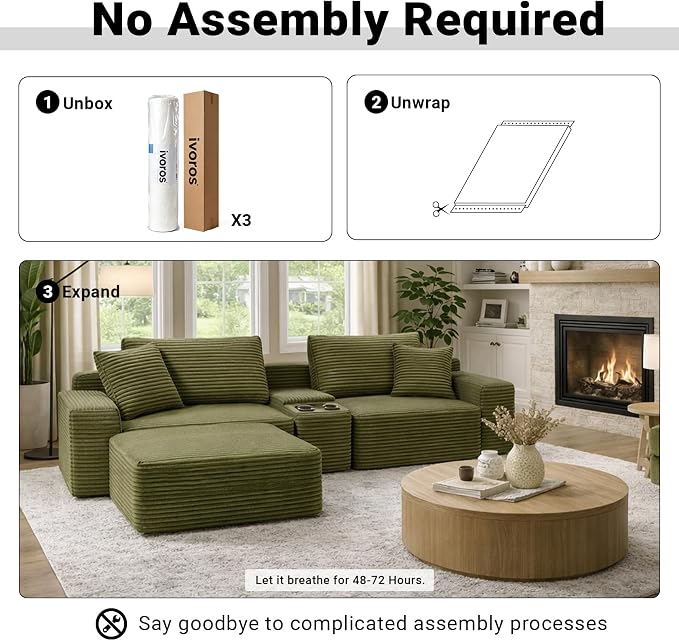 ivoros 111 Inch Modular Sectional Sofa Couch, Oversized Modern Cloud Couch for Living Room, L Shape Couches with Ottomans, USB Ports and Cup Holders, Green Corduroy Boneless Sofas, Sofa in a Box