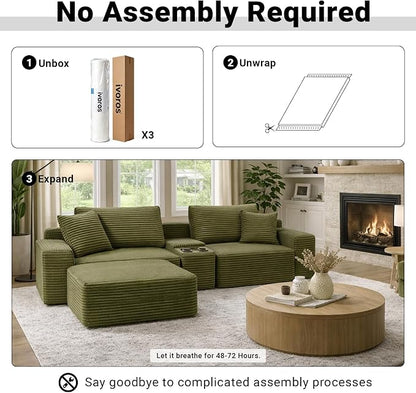 ivoros 111 Inch Modular Sectional Sofa Couch, Oversized Modern Cloud Couch for Living Room, L Shape Couches with Ottomans, USB Ports and Cup Holders, Green Corduroy Boneless Sofas, Sofa in a Box