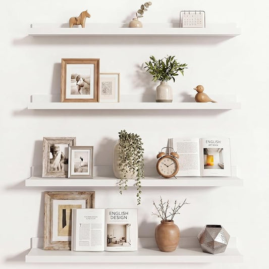 Axeman 30 Inch White Floating Shelves | Picture Ledge Shelf Set of 4 | Rustic Wood Wall Shelves with Lip | 30" White Picture Shelf for Wall with Ledge | Photo Shelves