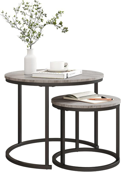 HOJINLINERO Round Coffee Table,Nesting Coffee Table Set of 2,Center Tables for Living Room,Office, Home Small Space,Stacking Side Tables,Sturdy and Easy Assembly,Wood Desktop,Black+Grey,Small