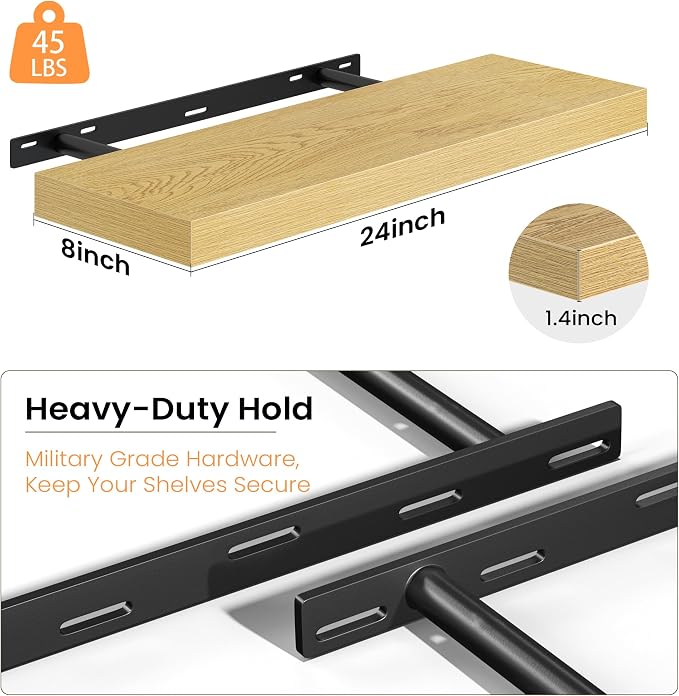 Fun Memories 24 Inch Floating Shelves - Deep Rustic Wooden Wall Shelves - Extra Deeper & Thicker Wall Mounted Storage Shelf for Bedroom, Kitchen, Farmhouse - 2 Pack, Oak
