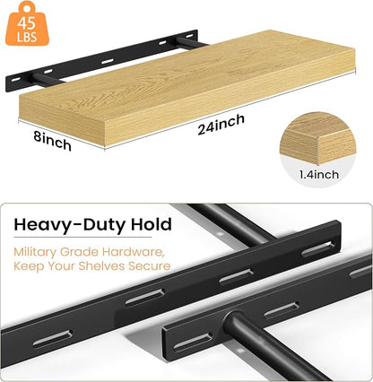 Fun Memories 24 Inch Floating Shelves - Deep Rustic Wooden Wall Shelves - Extra Deeper & Thicker Wall Mounted Storage Shelf for Bedroom, Kitchen, Farmhouse - 2 Pack, Oak