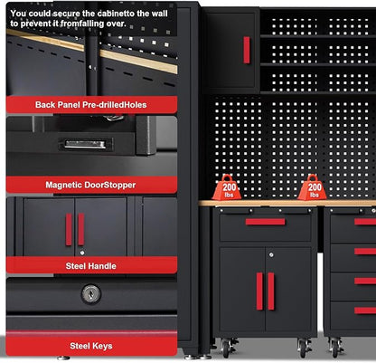 Garage Storage Cabinet System, 12Pcs Garage Cabinets and Storage System Corner Workshop Set with Corner Cabinet, Cabinet Drawers, Workbench, Pegboard for Tool Organization, Black Red
