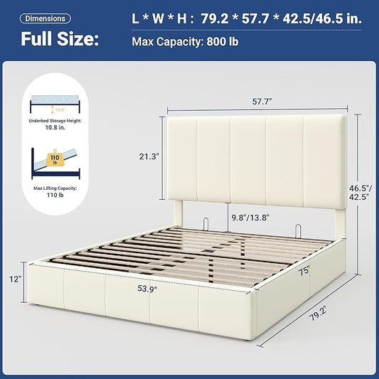 Allewie Full Size Velvet Lift Up Storage Bed Frame, Vertical Channel Tufted Headboard, Hydrualic Underneath Storage, Upholstered Platform Bed, Wooden Slats Support, No Box Spring Needed, Cream